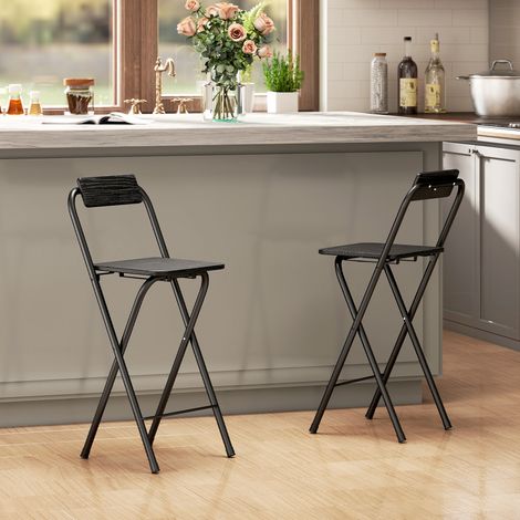 Set aus 2 klappbaren Barhockern mit Rücken- und Fußstütze, Stahlgestell, 87 cm hoch, schwarz