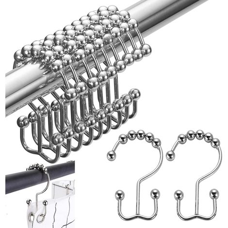 Lntyq 24 PièCes Anneaux De Rideau De Douche Anneau De Rideau De Douche à Double Crochet Acier Inoxydable pour Rideaux De Douche, Crochets pour Rideaux (Argent)