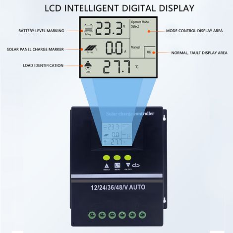 Regolatore di carica solare MPPT Toivize, 60A, 12V/24V/36V/48V, automatico, display LCD, protezioni multiple. (1/4)