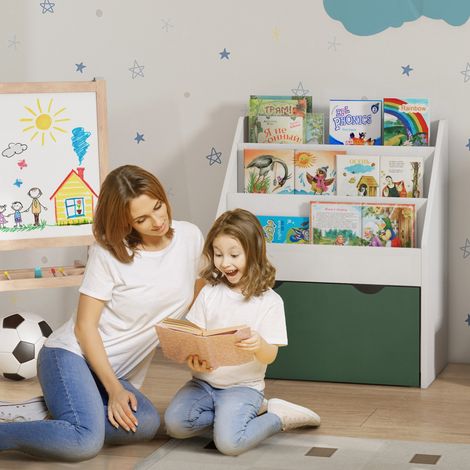 Rangement Bibliothèque pour enfants Multi-Rangement avec 3 niveaux d'étagères et un tiroir 62,5L x 30l x 70H cm - vert (1/4)