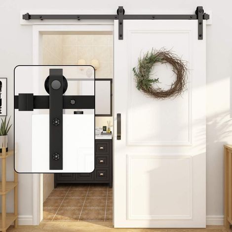 150 cm Sliding Door Rail with Roller Rail Kit Sliding Door Hanging Barn Hardware Antique Wood Base Wheel, J-Shape, Door Not Included (1/5)