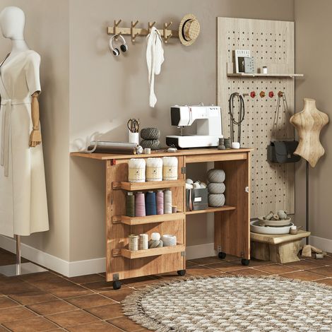 Table de couture pliante meuble couture à abattant avec bacs de rangement, étagère ouverte et roulettes, marron (1/5)