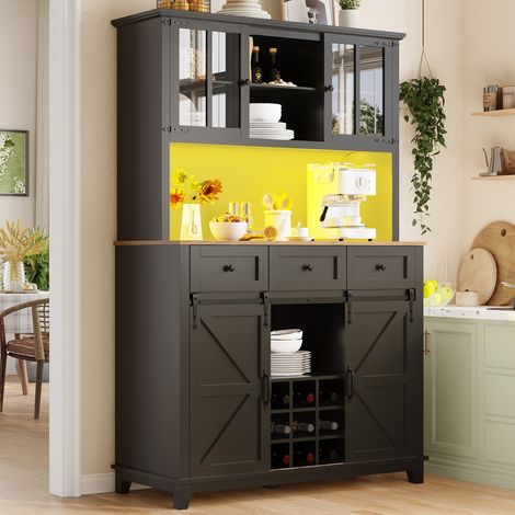 Buffet cuisine haut noir 105x38.4x180cm - LED coloriable + étagères réglables - Vitrine rangement moderne (1/5)