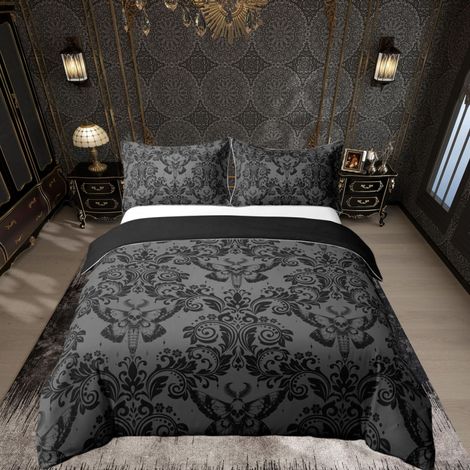 Parure de lit gothique pour adulte - Avec housse de couette 200 x 200 cm - Noir - Motif damassé - Style gothique - Style vintage victorien, baroque floral (1/5)
