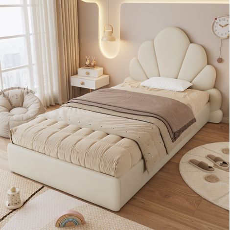 Cama individual 90x200 cm beige de terciopelo con cabecero floral (1/5)