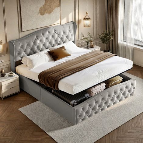 Bettkasten 140x200 cm – Bettrahmen, Doppelbett mit Kopfteil mit Rautenmuster und hydraulischem Stauraum, Lattenrost, Samtstoff – Grau (1/5)
