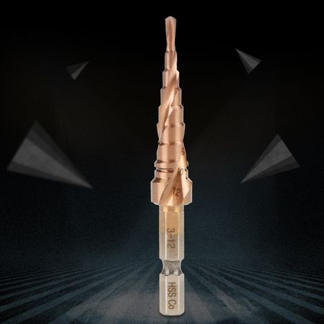 foret conique étagé à rainure hélicoïdale avec poignée hexagonale en acier rapide au cobalt (3-12 mm)
