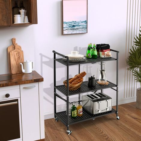 Chariot de Service Pliable 3 Niveaux 4 Roues Flexibles Cuisine Garage Jardin Noir (1/2)