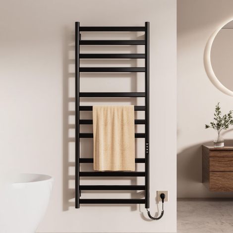Scaldasalviette Elettrico, Nero, termoarredo, Misura 1300 × 520 mm Termoarredo da bagno a parete con touch screen, timer e temperatura regolabile, scaldasalviette elettrico, incasso o a vista (1/5)