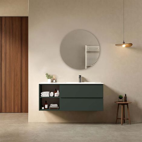 Mobile bagno sospeso 120 cm Verde Comodoro Lavabo a Destra in Ceramica Specchio Tondo - Fiji Paint Plus (1/4)