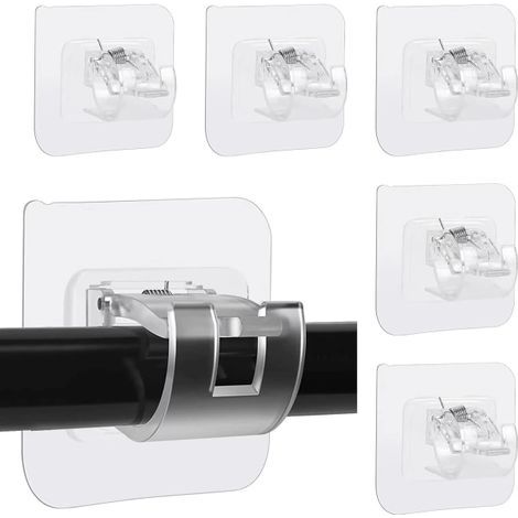 Set of 6 curtain rod brackets, self-adhesive curtain rod brackets, adjustable rod brackets without nails, wall fixings for curtain rods (transparent) (1/5)