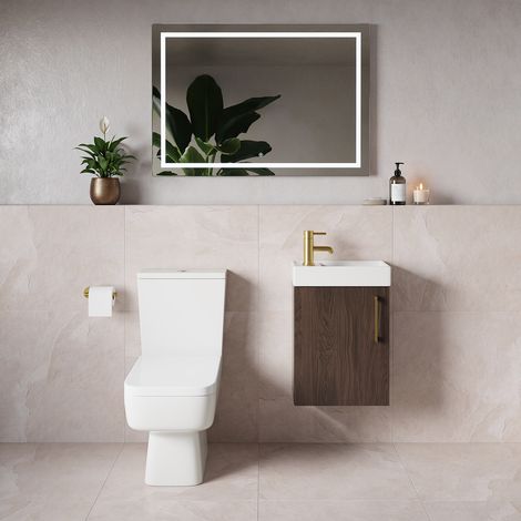 Napoli Cube Brown Oak 400mm Single Door Wall Mounted Vanity Unit and Toilet Suite with Align Basin - 400mm - Brushed Brass 160mm Handle