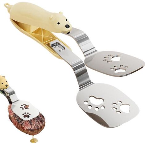 Grillzange aus Edelstahl – Pfannenwender mit Clip – zum Braten von Grillfleisch – hitzebeständiger Griff – 24 x 6,5 cm – gelb