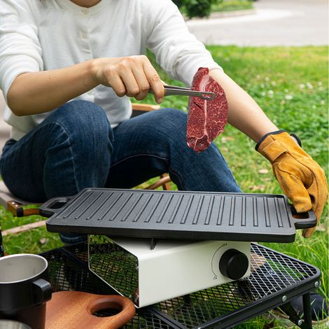 Wendbare Grillplatte aus Eisen, doppelseitige Grillplatte für schnelles und gleichmäßiges Erhitzen, geeignet für Camping, Gas- und Induktionsherde. (1/5)