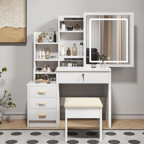 Coiffeuse Blanche LED 85×130×36 cm – Miroir Lumineux 3 Couleurs + Hocker Rembourré, 4 Tiroirs + Étagères Latérales, Placard Miroir