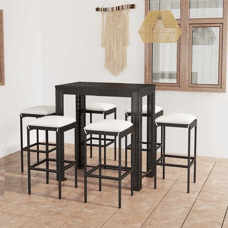 Ensemble bar de jardin 7 pièces en résine tressée noire avec coussins, 38kg - PANGIVO (1/5)