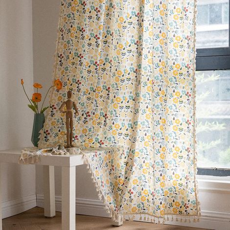 Tenda boho semi-oscurante in tessuto di cotone e lino con stampa floreale colorata, con passante per asta nappe fatto a mano, stile bohémien, rustico, country, per finestra. (1/5)