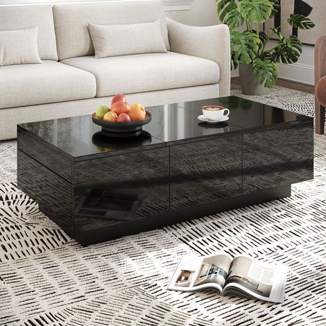 Moderner schwarzer Hochglanz Couchtisch mit Schubladen und Schiebefach – Rechteckiger Wohnzimmertisch mit großem Stauraum, stilvollem Design und pflegeleichter Oberfläche (1/5)