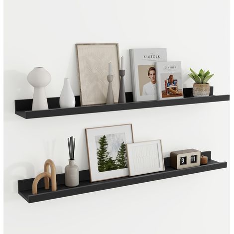 Lot de 2 étagères flottantes, étagère murale de 230 cm avec rebord pour photos, étagères de chambre d'enfant avec bord pour rangement, étagère murale en bois pour livres et cadres photo (1/5)
