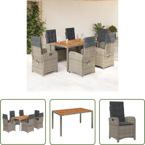 vidaXL Gartenessgruppe - 7-tlg. Garten-Essgruppe mit Kissen Grau Poly Rattan (1/5)