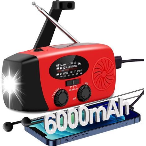 Radio météo urgence AM/FM/NOAA, manivelle solaire, chargeur de téléphone, lampe de poche 4 modes, alarme SOS, prise casque, pour urgence (1/5)