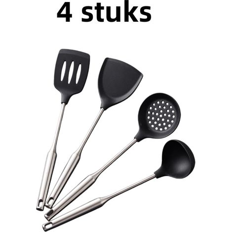 Lot de 4 ustensiles de cuisine en silicone et acier inoxydable : spatule wok, cuillère de service, spatule à pâtisserie. Adaptés aux poêles antiadhésives, noir (1/5)