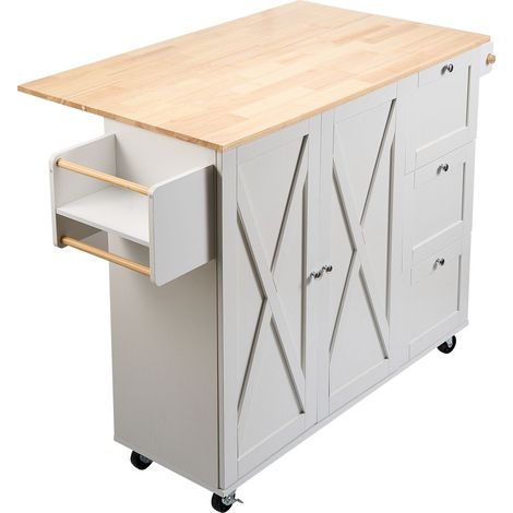 Îlot de cuisine roulant avec plateau en bois massif, 115 cm, meuble de rangement, étagère à épices, porte-serviettes, abattant et tiroir, blanc. (1/5)