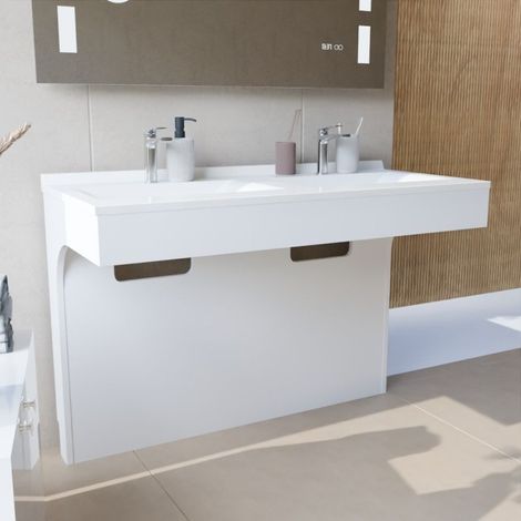 Cuisibane – Meuble double vasque PMR 120 cm – Finition laquée blanc brillant – Corps MDF 16 mm – Plan vasque en résine avec trop plein moulé