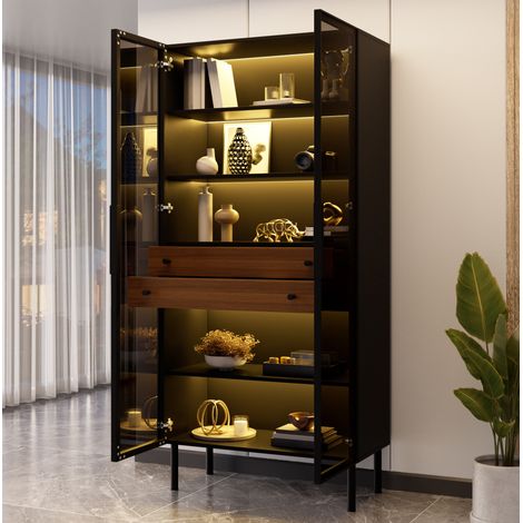 Vitrine mit Glastüren, per App steuerbare LED, 2 Schubladen, 70 x 36 x 170 cm, Schwarz (1/5)