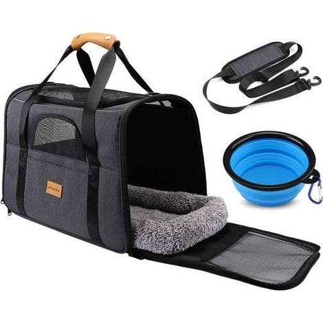 Sac Transport Chat Chien, Caisse de Transport Chat Respirant et Pliable Cage Transport Chat avec Matelas en Peluche Amovible + Bol (Accepté au Maximum 15lbs/7kg,44 31 34cm) (1/5)