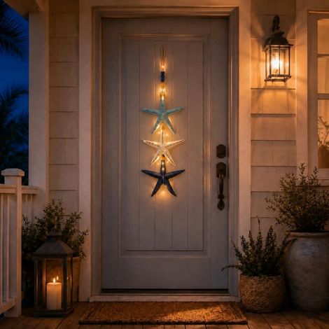 Décoration murale en bois éclairé en forme de poisson et étoile de mer – Décoration murale de plage avec LED chaudes, décoration nautique côtière à suspendre pour salle de bain, porche et (1/5)