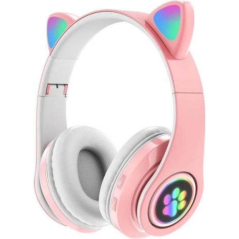 Leichte und niedliche Bluetooth-Kopfhörer mit Katzenohren, Mikrofon, TF-Kartensteckplatz, kabellos, ideal für Kinder – Pink (1/4)