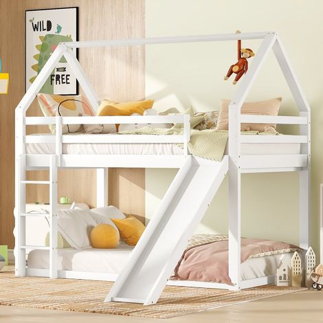 Letto a castello a casetta 90x200 cm bianco in pino con scivolo e scala (1/5)