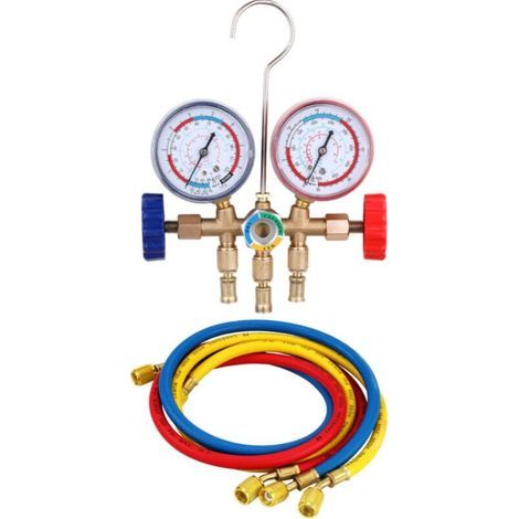 Kit Manomètres De Pression Pour Climatisation - R410A R404A R22 R134A - Tuyaux Colorés Rouge Bleu Jaune - Crochet D'Accroche - 1 Jeu