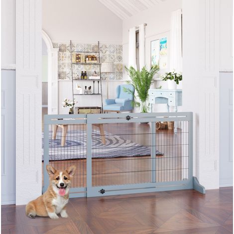 Barrera extensible para perros de madera, 104-183 cm, autoportante, gris DESVIAE (1/4)