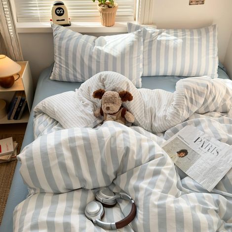 Housse de Couette 220x240 Adulte Rayures Bleu Blanc Parure de lit (1/5)
