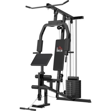 Station de musculation multifonction 45kg avec lat pulldown, presse pectorale, butterfly et entraîneur de jambes noir (1/5)