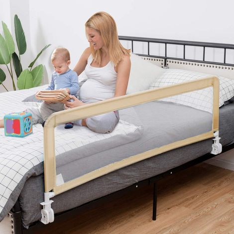 COSTWAY Bettgitter herunterklappbar, Bettschutzgitter hoehenverstellbar, Babybettgitter mit Befestigungsgurt, Rausfallschutz geeignet fuer Doppelmatratzen, Queensize und Kingsize Betten Beige
