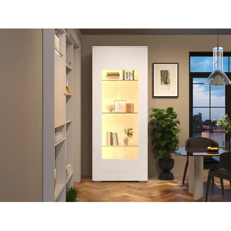 Vitrine blanche en MDF avec 2 portes acryliques, 4 niveaux en verre trempé et éclairage LED, pour salon et salle à manger (1/5)