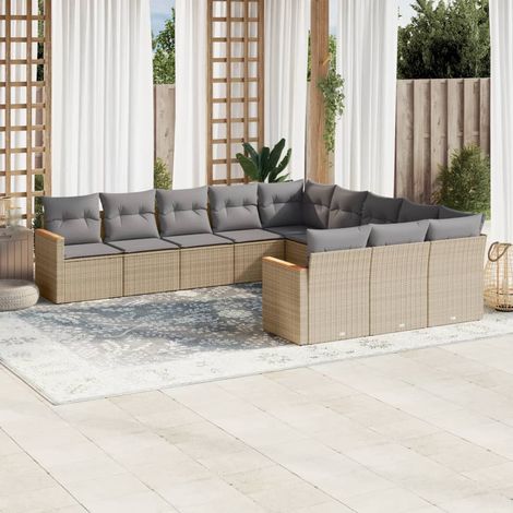 Ensemble salon jardin 11 pièces avec coussins beige résine tressée Mobilier extérieur modulaire avec rangement et housses lavables (1/3)