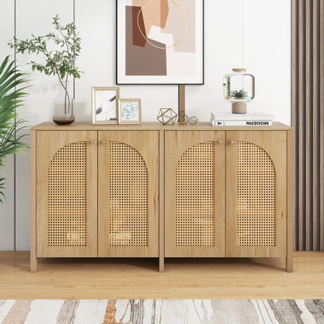 Buffet moderne et minimaliste — Doté de 4 portes en cannage de rotin et de poignées métalliques  un meuble de rangement sobre, idéal pour la salle à manger, le salon ou la cuisine (Finition bois natur (1/4)