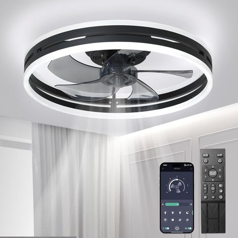 Ventilateur de plafond silencieux avec lumière 50W Dimmable Suspension avec télécommande et APP, 6 vitesses, Chambre Salon (Noir, 40cm) (1/5)