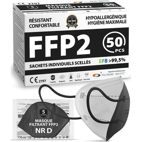 50 Masques FFP2 Noirs Cert. CE Emballage Individ. Scellé (1/5)