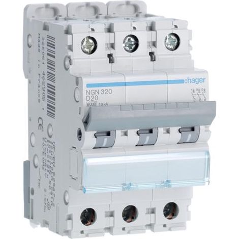 Disjoncteur 3 Pôles 6-10kA courbe D 20A 3 modules HAGER NGN320 (1/5)