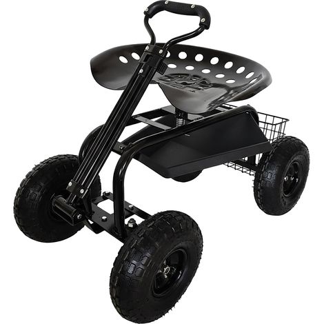 Siège Roulant de Jardin, réglable en Hauteur, 150 kg, Rangement, Guidon, Acier, pneus à air, Noir (1/5)