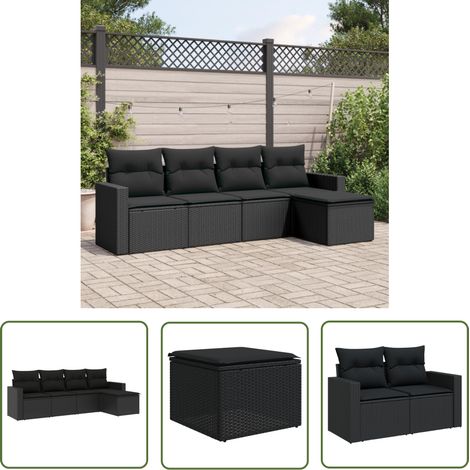 The Living Store 5-tlg. Garten-Sofagarnitur mit Kissen Schwarz Poly Rattan - Gartensofas - Outdoor Möbel - Gartenmöbel Set - Lounge Sofa - Rattan Gartenmöbel (1/5)