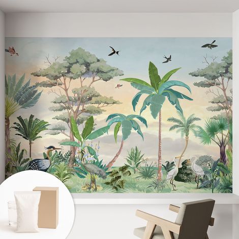Tapete Vliestapete mit Kleber - trendige Wanddeko - elegant Fototapete für Wohnzimmer - Schlafzimmer Exotische Flora 152x104 cm