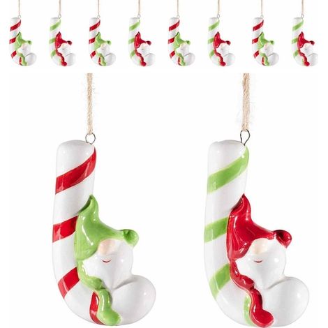 8 Decorazioni Natalizie da Appendere per Albero in Ceramica - Bastoncino e Gnomo (1/3)