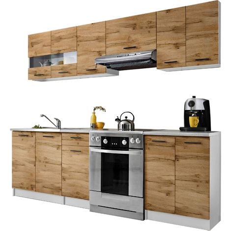 Dusine – Cuisine complète Bigo 7 éléments – Finition bois mélaminé – Longueur 240 cm – Caissons 16 mm – Poignées noires incluses (1/2)