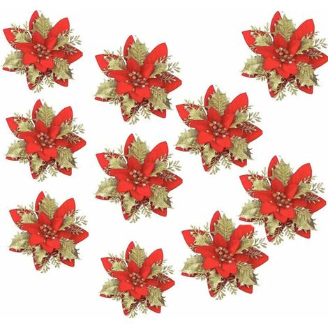 Set mit 10 künstlichen, glitzernden, roten Weihnachtsbaumblüten für Girlanden, Kränze und Christbaumschmuck (Rotgold)